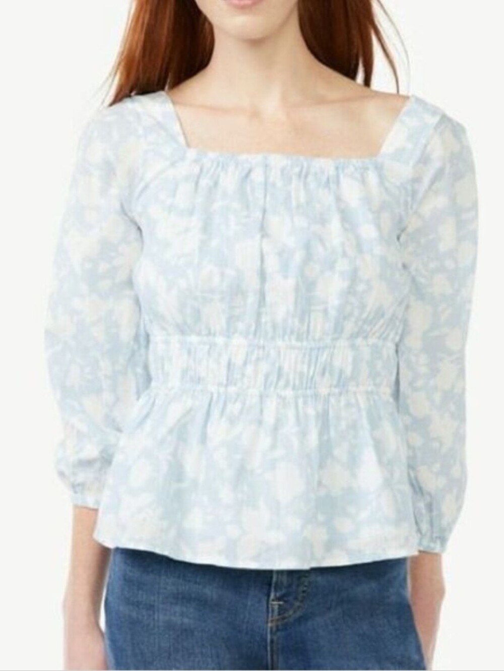 Free Assembly Women's  Square-Neck Peplum Blouse, Blue And White Floral SZ M